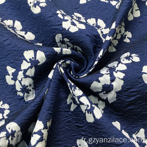 Tissu Jacquard Fantaisie Bleu Fleur Blanche